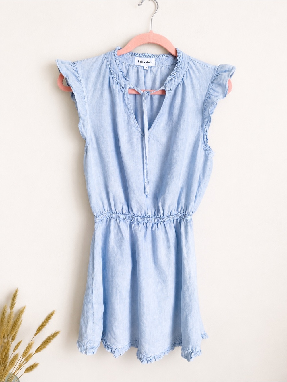 Bella Dahl 100% Linen Ruffle Hem Mini Dress Light Blue Size S - Picture 2 of 12